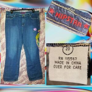 Hipster Jeans Med Blue Flare Denim Jeans w/Embroidered & Sequined Peacock Sz 20